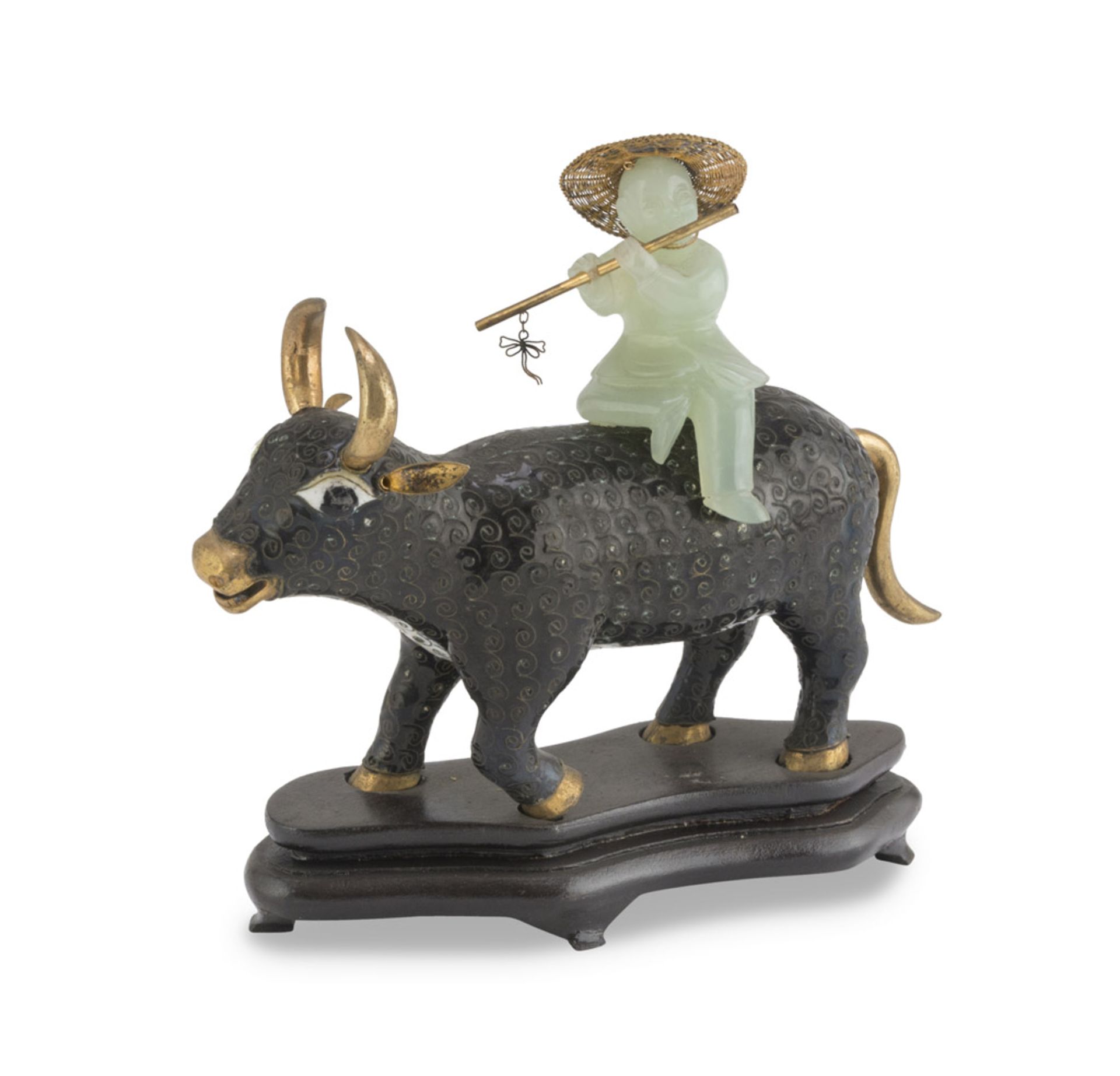 GROUP IN METAL AND JADE, CHINA 20TH CENTURY representing a water buffalo that supports a child