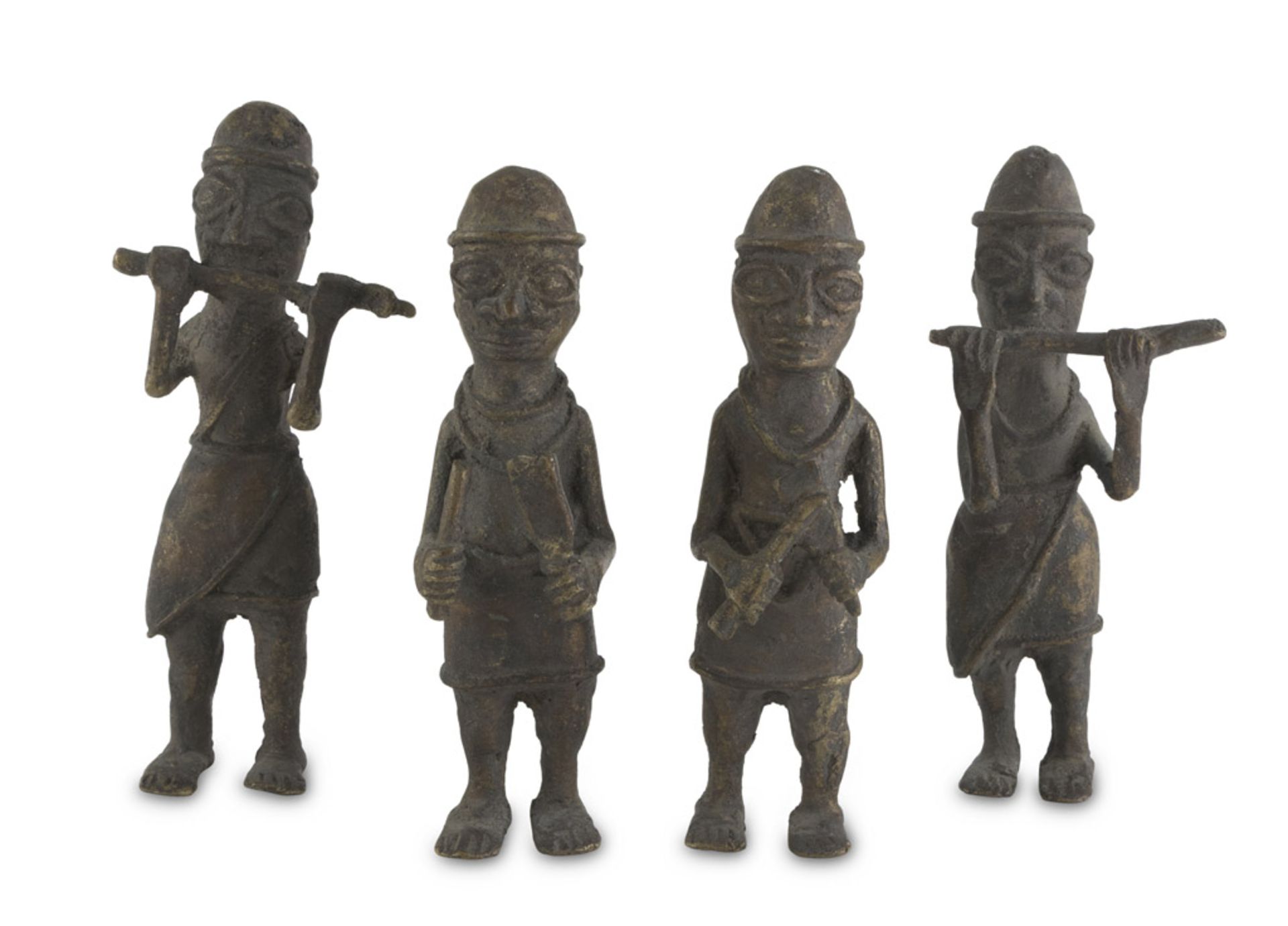 FOUR BRONZE SCULPTURES, IFO CULTURE, NIGERIA EARLY 20TH CENTURY representing musicians in erect