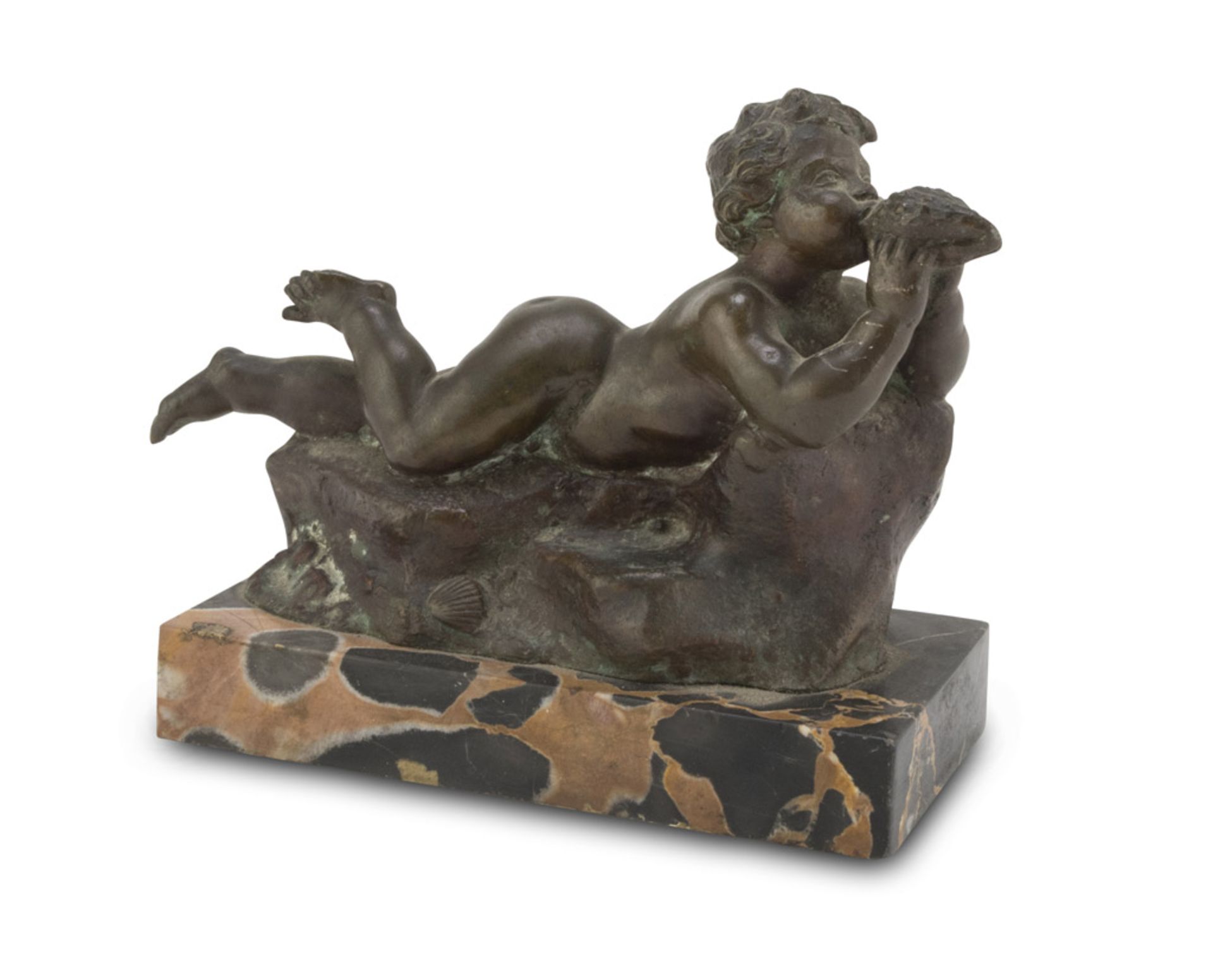 Neapolitan sculptor, 19TH CENTURY CHILD WITH SHELL Bronze with burnished patina, cm. 12 x 16 x 6