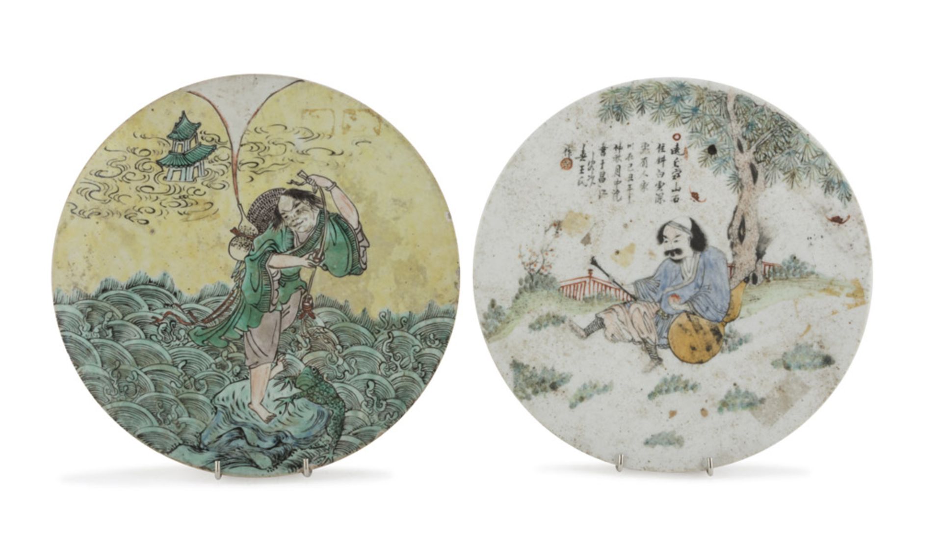 A PAIR OF POLYCHROME ENAMELLED PORCELAIN TILES, CHINA EARLY 20TH CENTURY decorated with