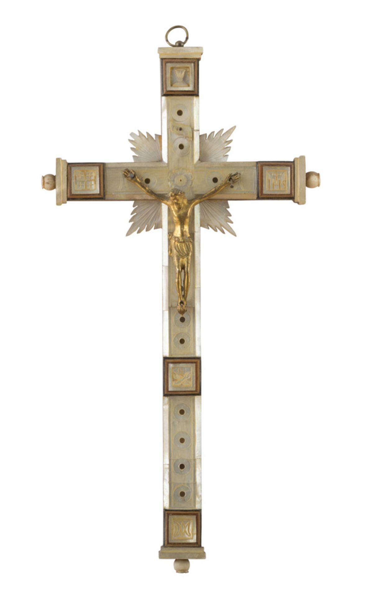 SMALL CRUCIFIX, LATE 19TH CENTURY with Christ in bronze and cross in wood and nacre. Measures cm. 30