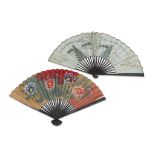 TWO FANS, JAPAN 20TH CENTURY body in painted paper and sticks in black lacquered wood. Measures