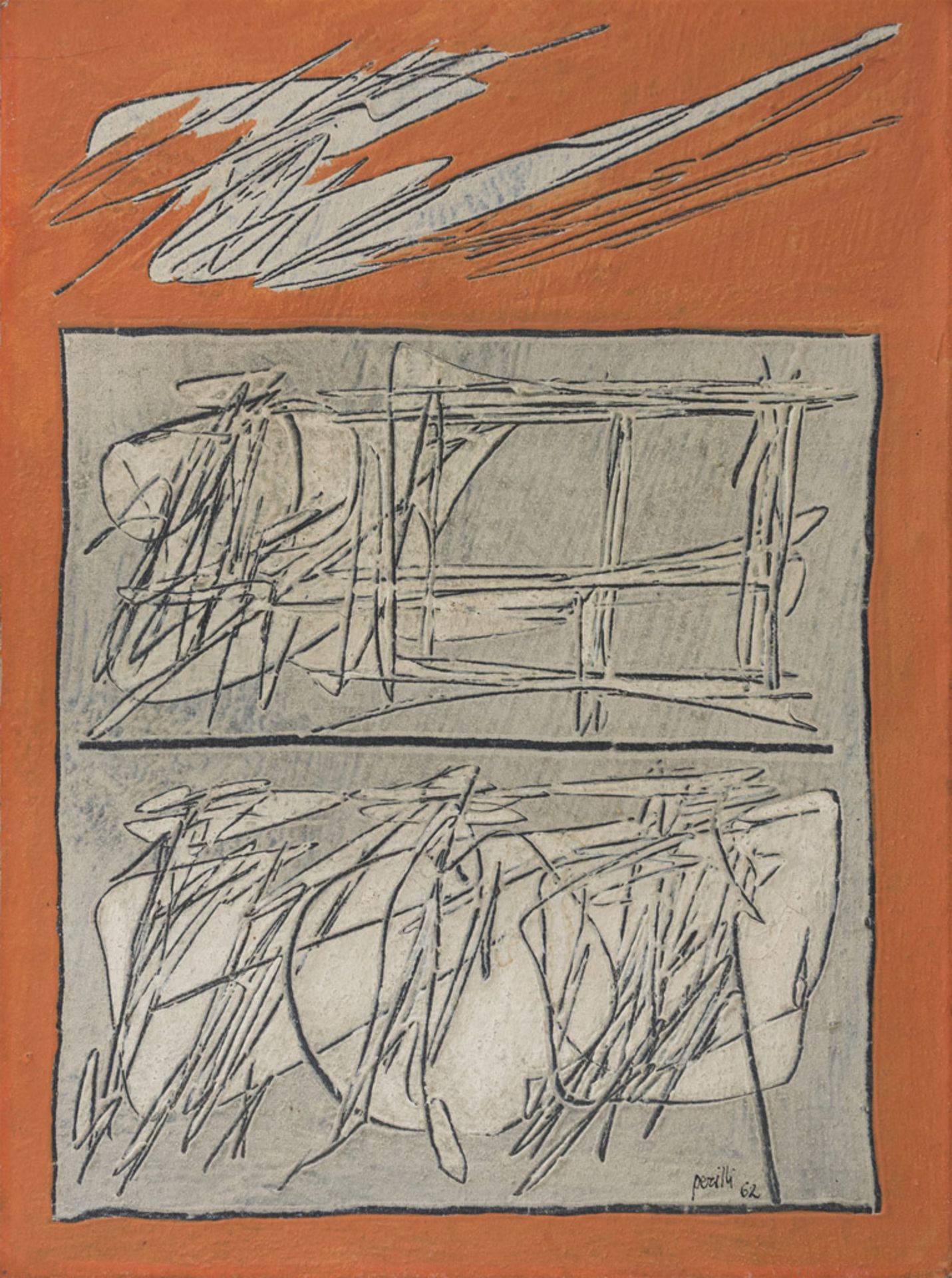 ACHILLE PERILLI (Roma 1927) Sopra e sotto, 1962 Tecnica mista su tela, cm. 40 x 30 Firma e data in