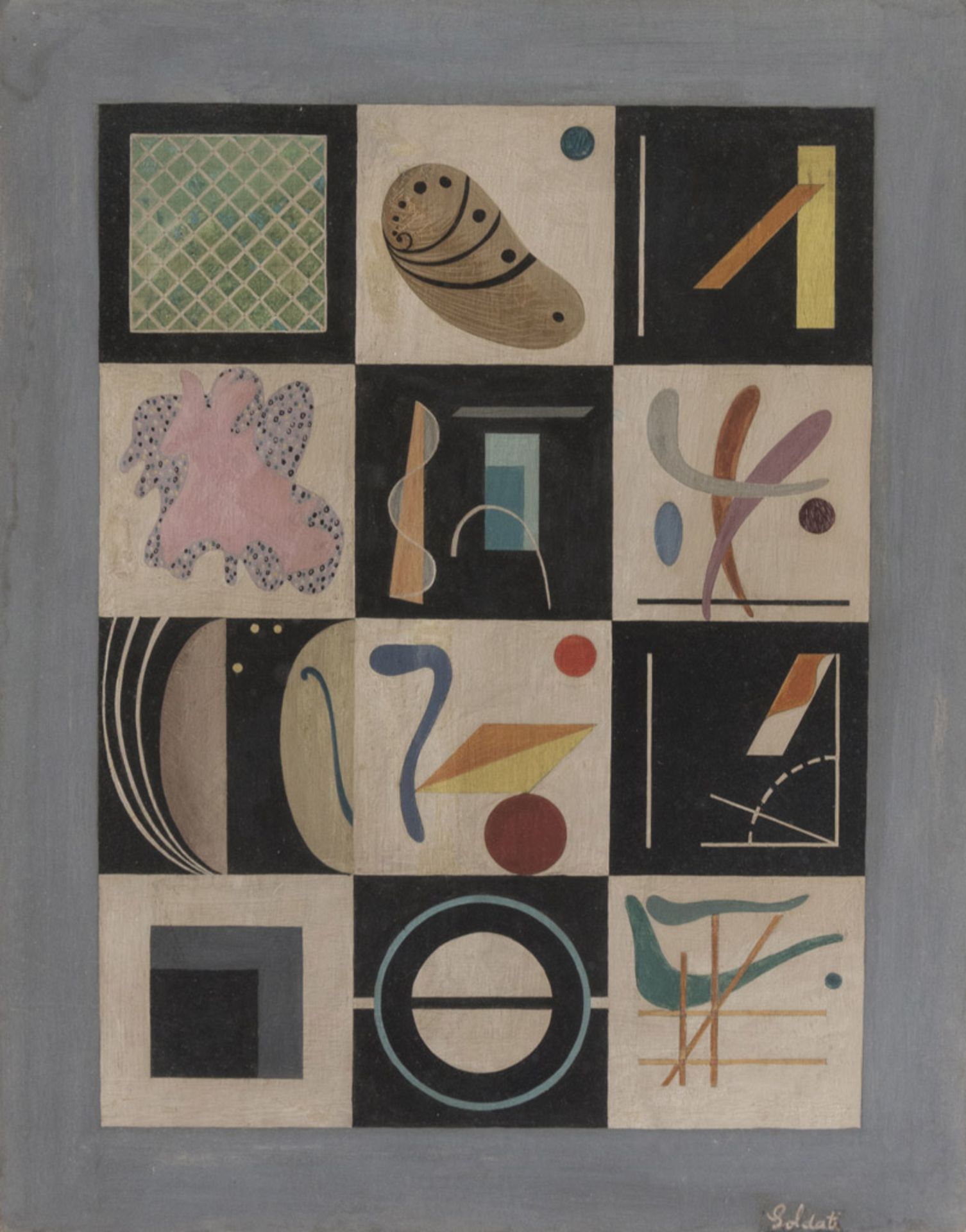 ATANASIO SOLDATI (Parma 1896 - 1953) Composizione 12, 1936/37 Olio su tavola, cm. 30 x 39 Firma in