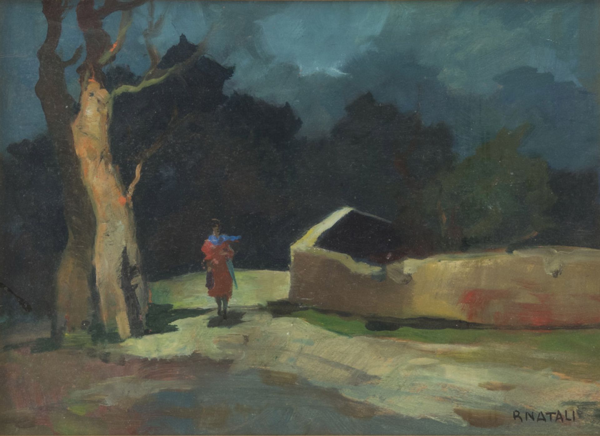 RENATO NATALI (Livorno 1883 - 1979) Torna nel bosco, 1950 ca. Olio su tavola, cm. 35 x 50 Firma in