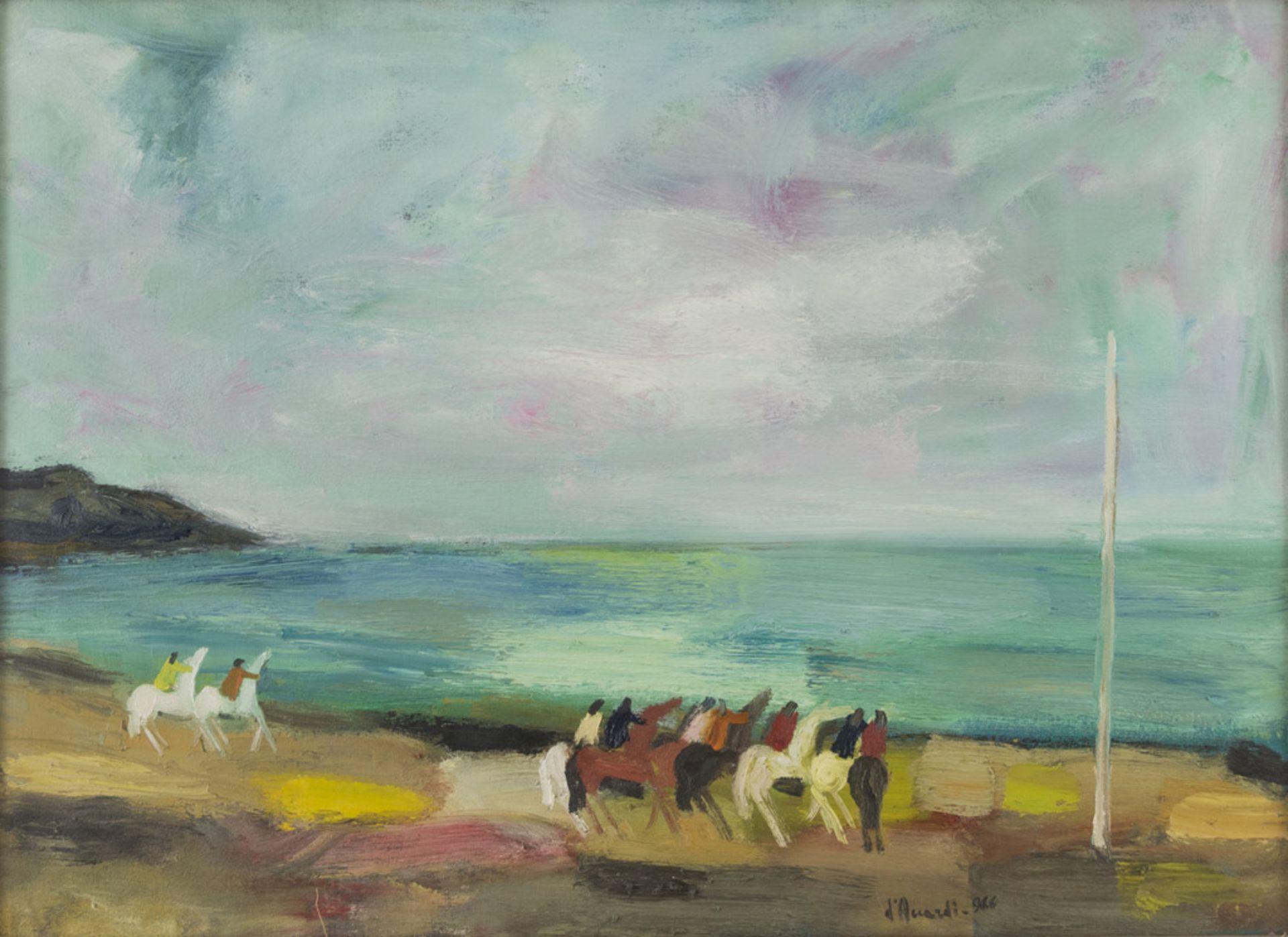 GIAN RODOLFO D'ACCARDI (1906 - 1993) Cavalcata in riva al mare, 1966 Olio su tela, cm. 74 x 100