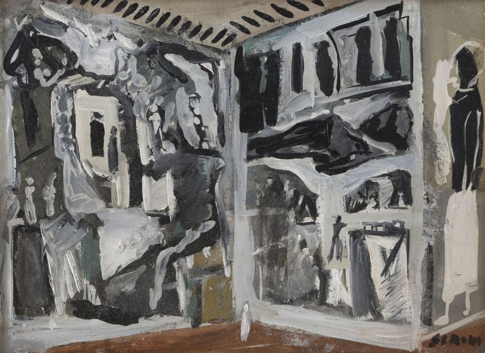 MARIO SIRONI (Sassari 1885 - Milano 1961) Studio d'interno con pitture murali, 1940 Tempera materica