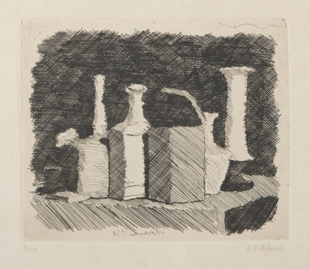 GIORGIO MORANDI (Bologna 1890 - 1964) Natura morta con sei oggetti, 1930 Acquaforte su carta riso,