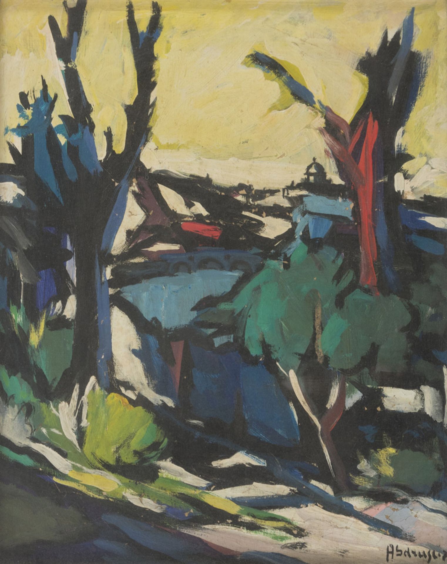 ACHILLE SDRUSCIA (Roma 1910 - 1994) Paesaggio con alberi Olio su tela, cm. 50 x 40 Firma in basso