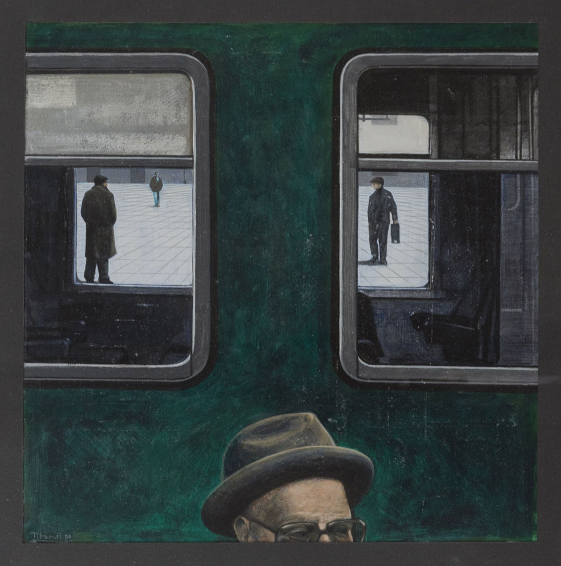 ANGELO TITONEL (Cornuda 1938 - Roma 2018) Il treno, 1980 Olio su cartone, cm. 39 x 38 Firma e data