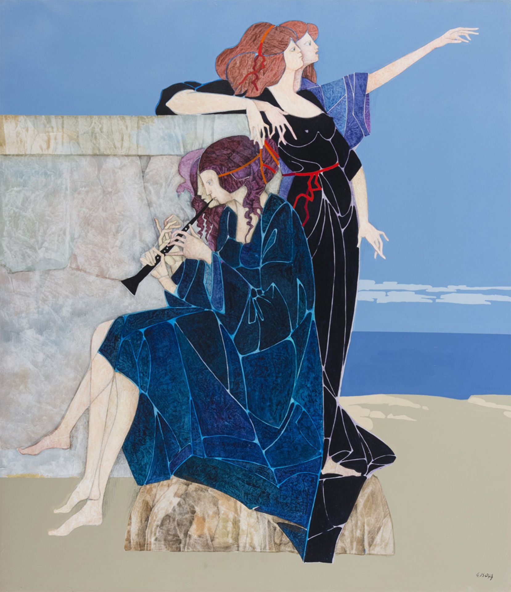 GIANCARLO ISOLA (Livorno 1927 - Roma 2018) Fanciulle in riva al mare Acrilico su tela, cm. 80,5 x 70