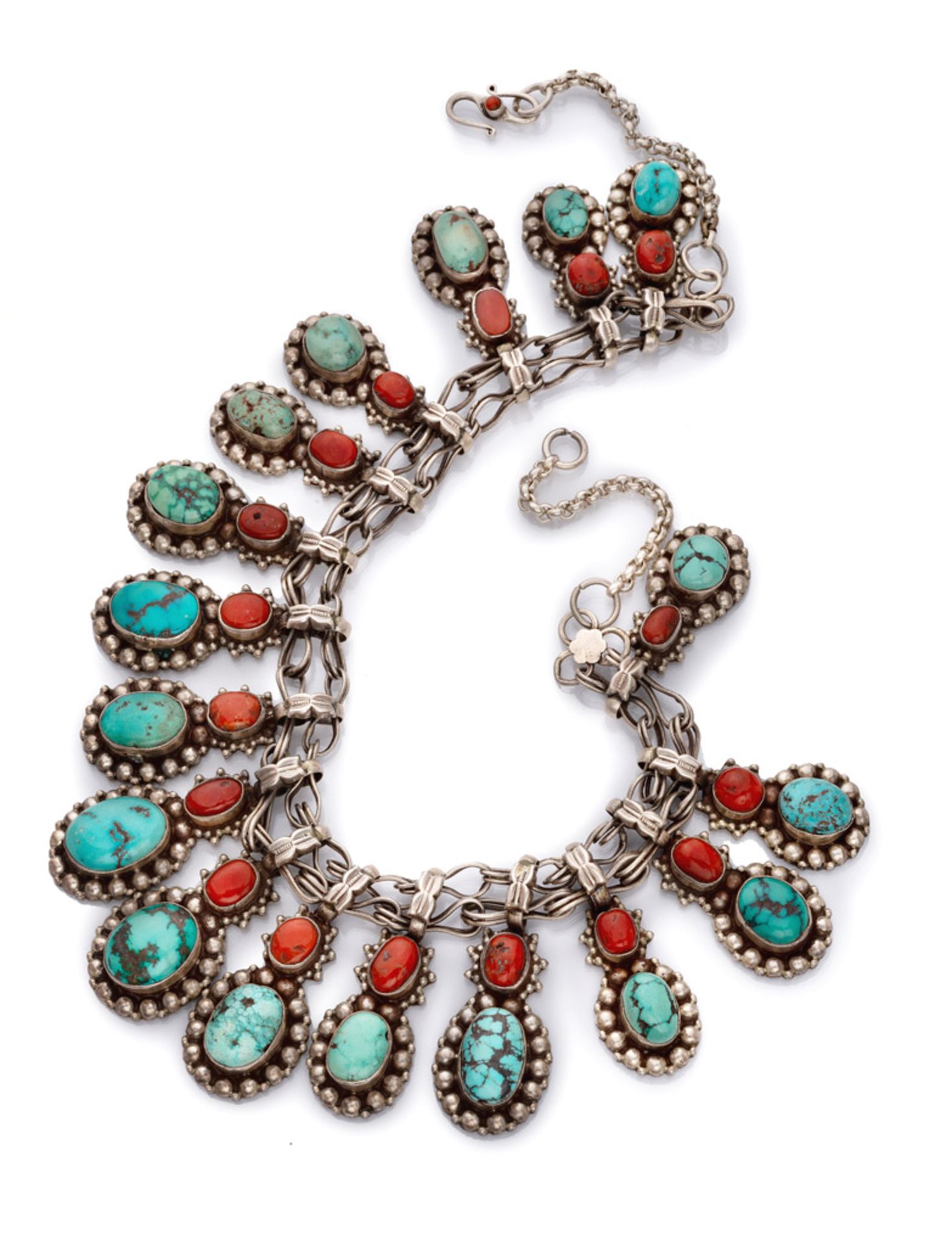 NECKLACE in silver with pendants of turquoises and red corals. Length cm. 45, total weight gr.