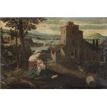 GENOESE PAINTER, 17TH CENTURY LANDSCAPE WITH VIRGIN AND CHILD Oil on canvas, cm. 30 x 45