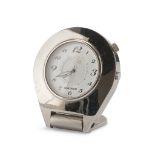 SMALL TABLE ALARM CLOCK, MONTBLANC '80s with box in chromed metal and signed dial. Measures cm. 7