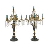 PAIR OF CANDELABRA IN GREY MARBLE, LATE 19TH CENTURY with arms in gilded metal. Conic shaft with