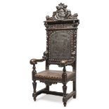 ARMCHAIR IN OAK, PROBABLY ENGLAND 19TH CENTURY of Renaissance style with sculpted back to floral