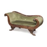 BEAUTIFUL SMALL SOFA IN WALNUT, ITALY EMPIRE PERIOD with carved back, arm and front. Winged claw