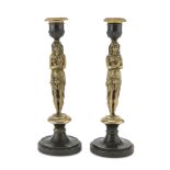 PAIR OF SMALL CANDLESTICKS IN BRONZE, EMPIRE STYLE, EARLY 20TH CENTURY with caryatids shaft of '