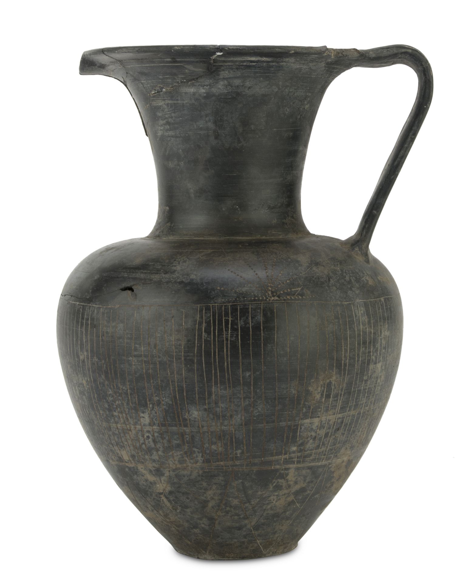 BUCCHERO JUG, SOUTHERN CENTRAL ETRURIA LATE 7TH CENTURY B.C. decorated with horizontal and