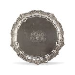 SILVER SALVER, PUNCH SHEFFIELD 1897 board moved and embossed with leaves and curls. Dish centered by