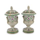 PAIR OF SMALL POTICHES IN PORCELAIN, DRESDEN 20TH CENTURY in green enamel and polychromy, with