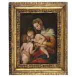 PAINTER OF CENTRAL ITALY, FIRST HALF OF 17TH CENTURY VIRGIN WITH CHILD AND ST. JOHN INFANT Oil on