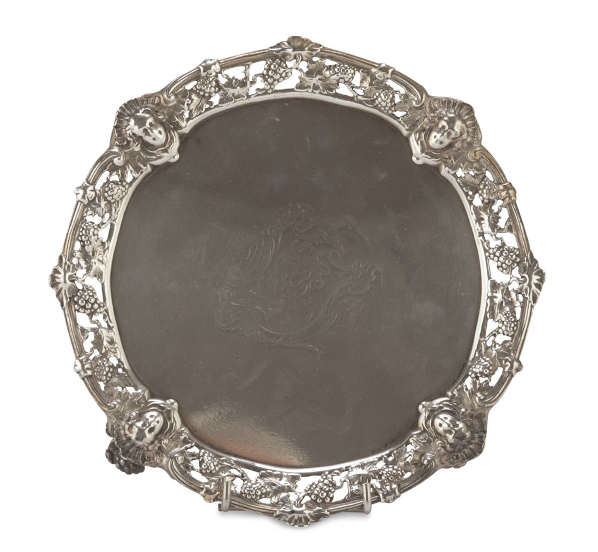 SILVER SALVER, PUNCH LONDON 1753 edge pierced to branches of grapevine and classical heads. Dish