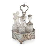 SILVERPLATED CRUET, ENGLAND LATE 19TH CENTURY with six bottles in cut glass. Pierced edge.