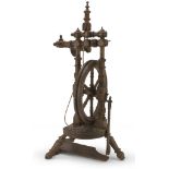 SPINNING WHEEL IN TURNED WOOD, LATE 18TH CENTURY with cylindrical elements. Measures cm. 81 x 40 x