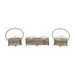 THREE SALTCELLARS IN SILVER-PLATED METAL, EARLY 20TH CENTURY with small basins in cut glass and