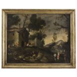 DUTCH PAINTER ACTIVE IN ITALY, 17TH CENTURY HUNTERS NEAR AN INN Oil on canvas, cm. 74 x 63 Roman