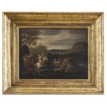 DUTCH PAINTER, 19TH CENTURY LANDSCAPE WITH BATTLE AMONG RIDERS Oil on panel, cm. 31 x 42 FRAME Swept