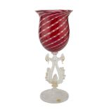 Glass Cup, Murano 20TH CENTURY basin in ruby glass and upright with double swan. Measures cm. 41 x