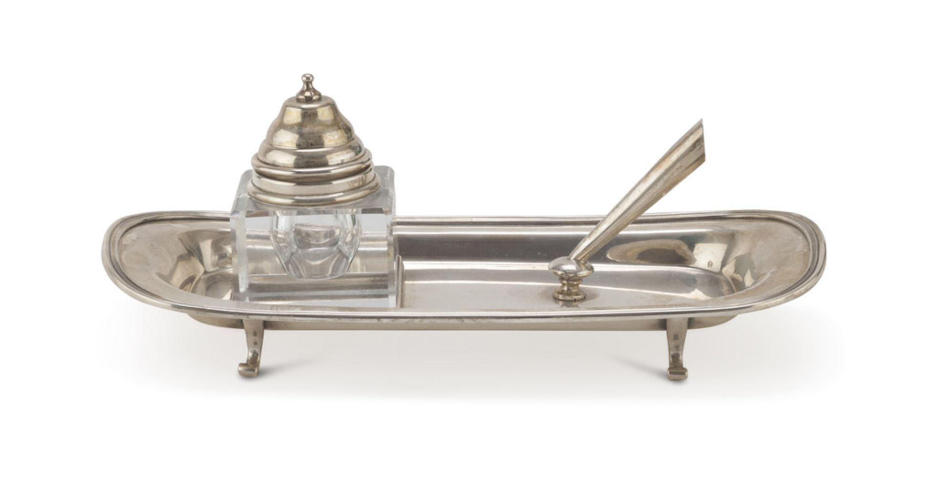 SMALL INKWELL IN SILVER, PUNCH MILAN POST 1968 Title 800/1000. Measures cm. 11 x 23 x 11, weight