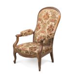 ARMCHAIR IN WALNUT, 19TH CENTURY tall back, shaped arms, upright and legs. Upholstery in velvet.