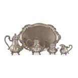 TEA AND COFFEE SERVICE IN SILVER, PUNCH MILAN 1922/1933 with embossed elements and handles with