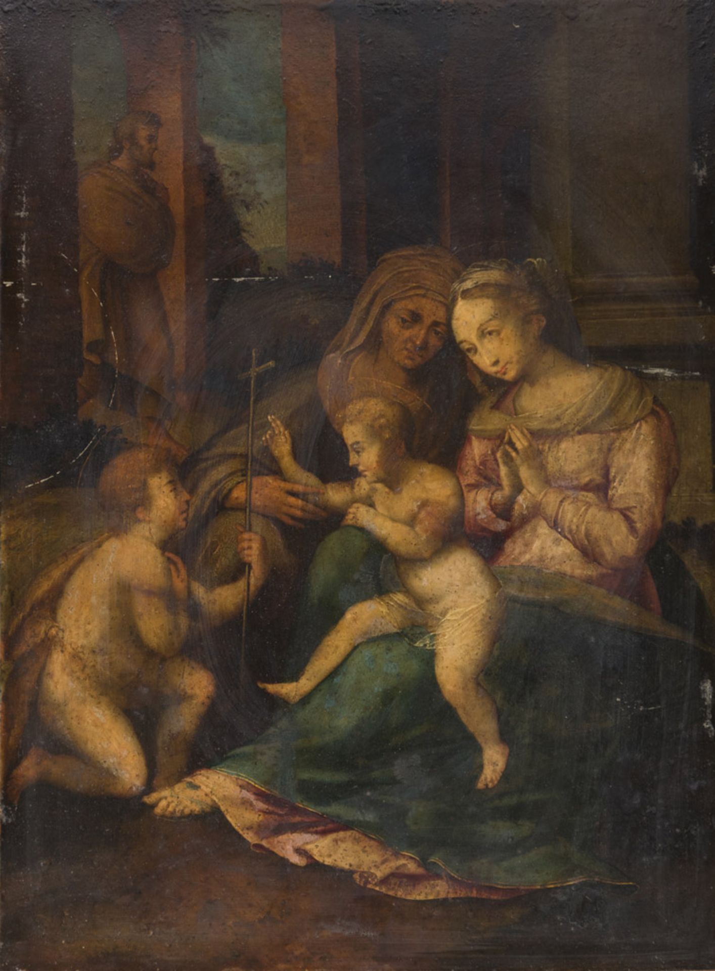 LATE MANNERIST ROMAN PAINTER, LATE 16TH CENTURY SACRED FAMILY WITH ST. ELIZABETH AND ST. JOHN Oil on