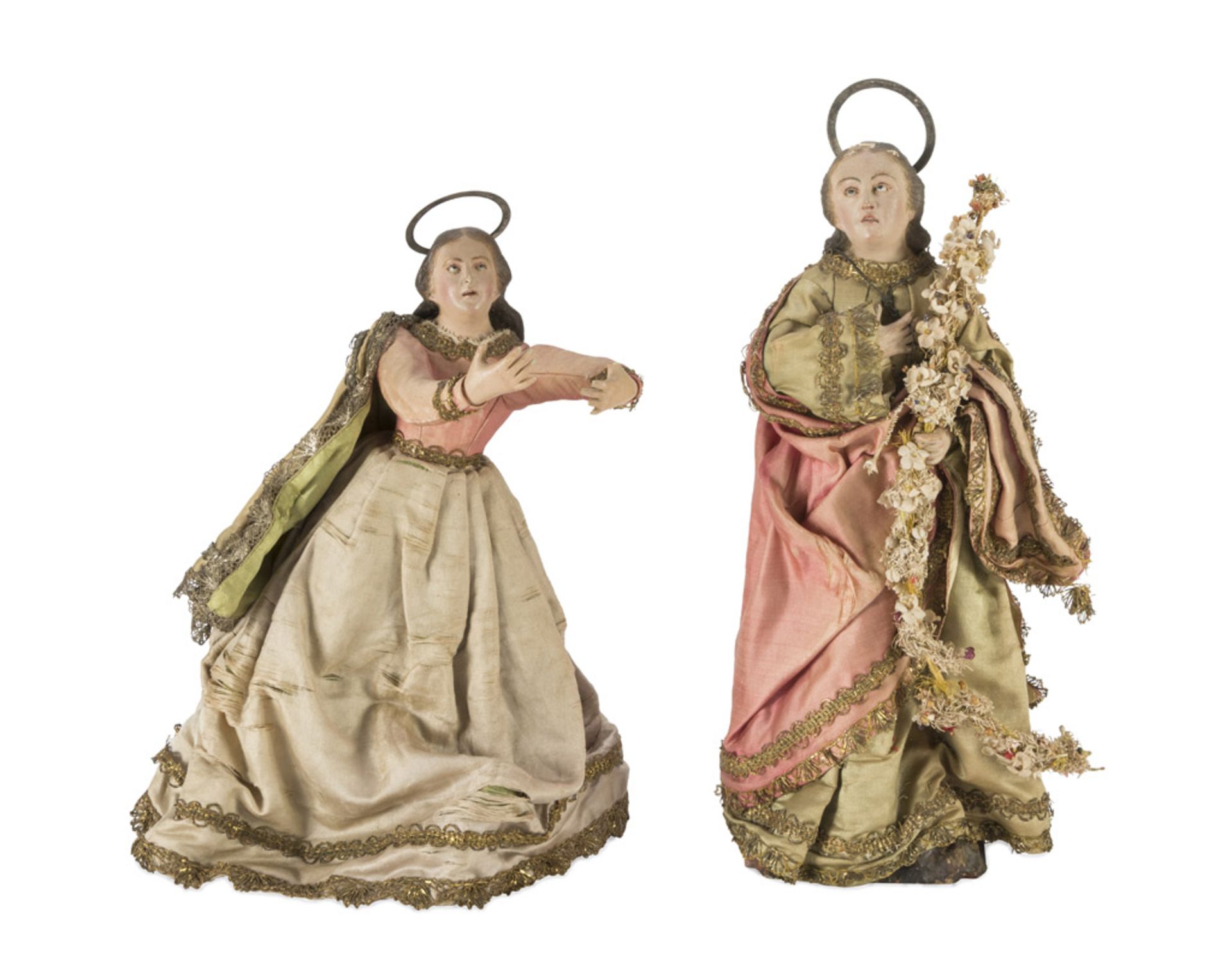 TWO CRIB SHEPHERDS, NAPLES 19TH CENTURY in ceramics, wood and straw, representing the Virgin with