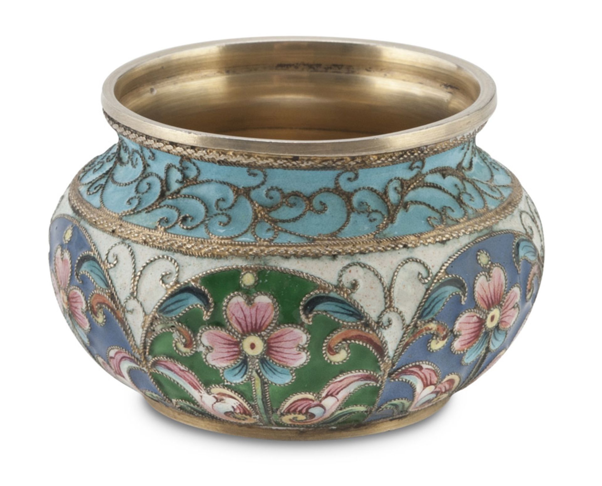 SMALL OINTMENTVASE IN SILVER AND ENAMEL, RUSSIA 1899/1908 body decorated in polychromy with motifs