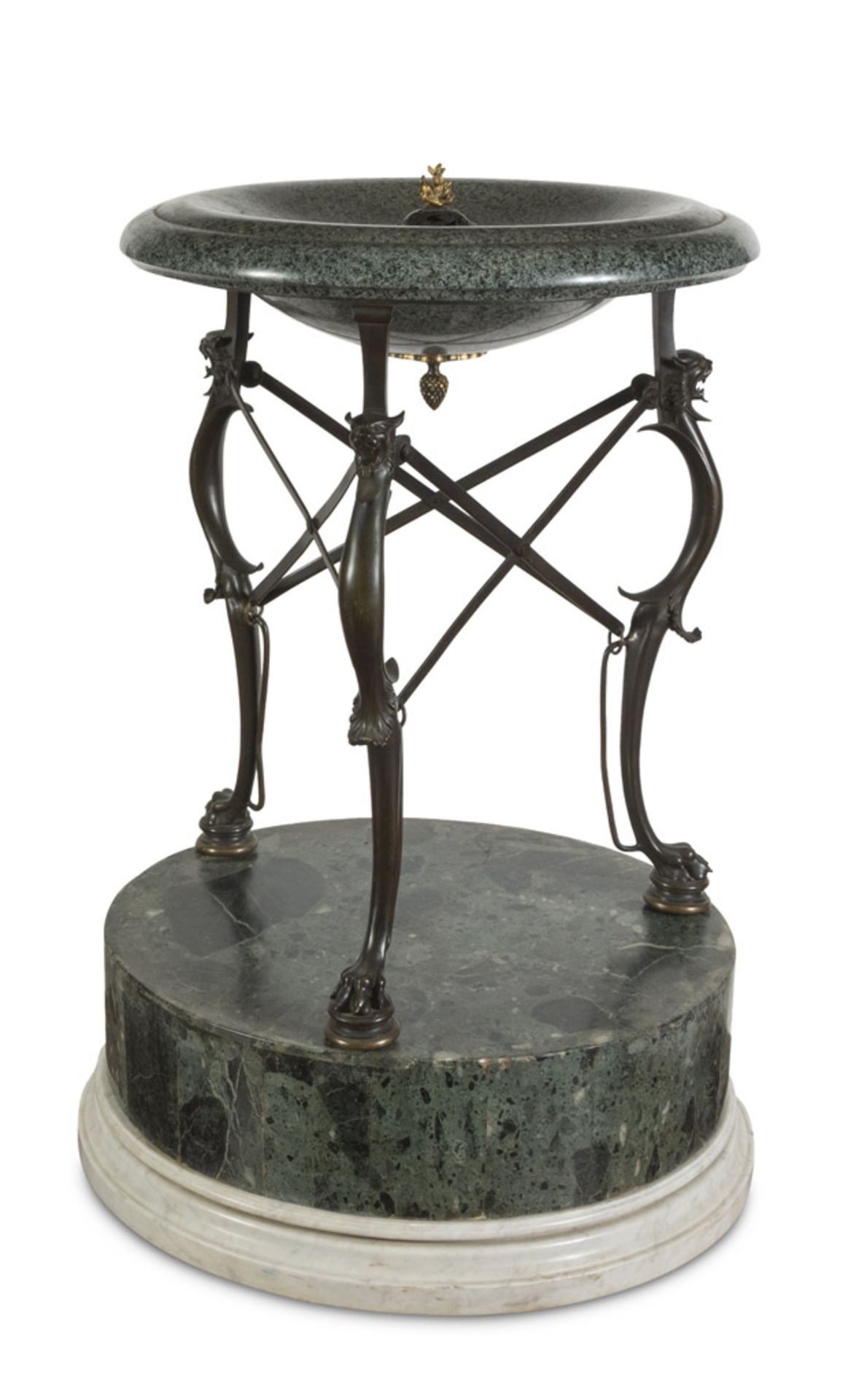 BIG RARE PERFUME BURNER IN MARBLE AND BRONZE, EARLY 19TH CENTURY with basin in green granite of