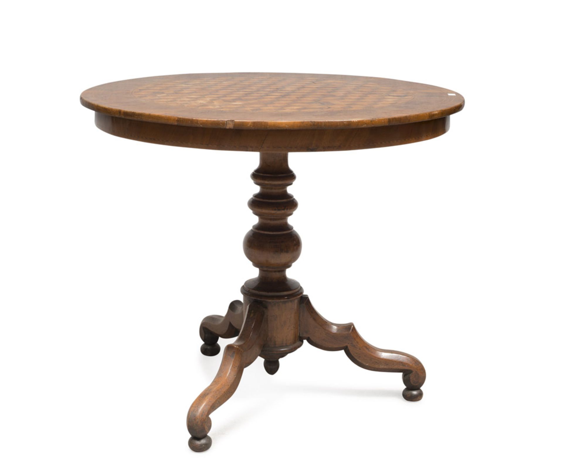 ROUND TABLE IN BRIGHT WALNUT, PROBABLY SORRENTO, 19TH CENTURY top in boxwood, maple tree and fruit