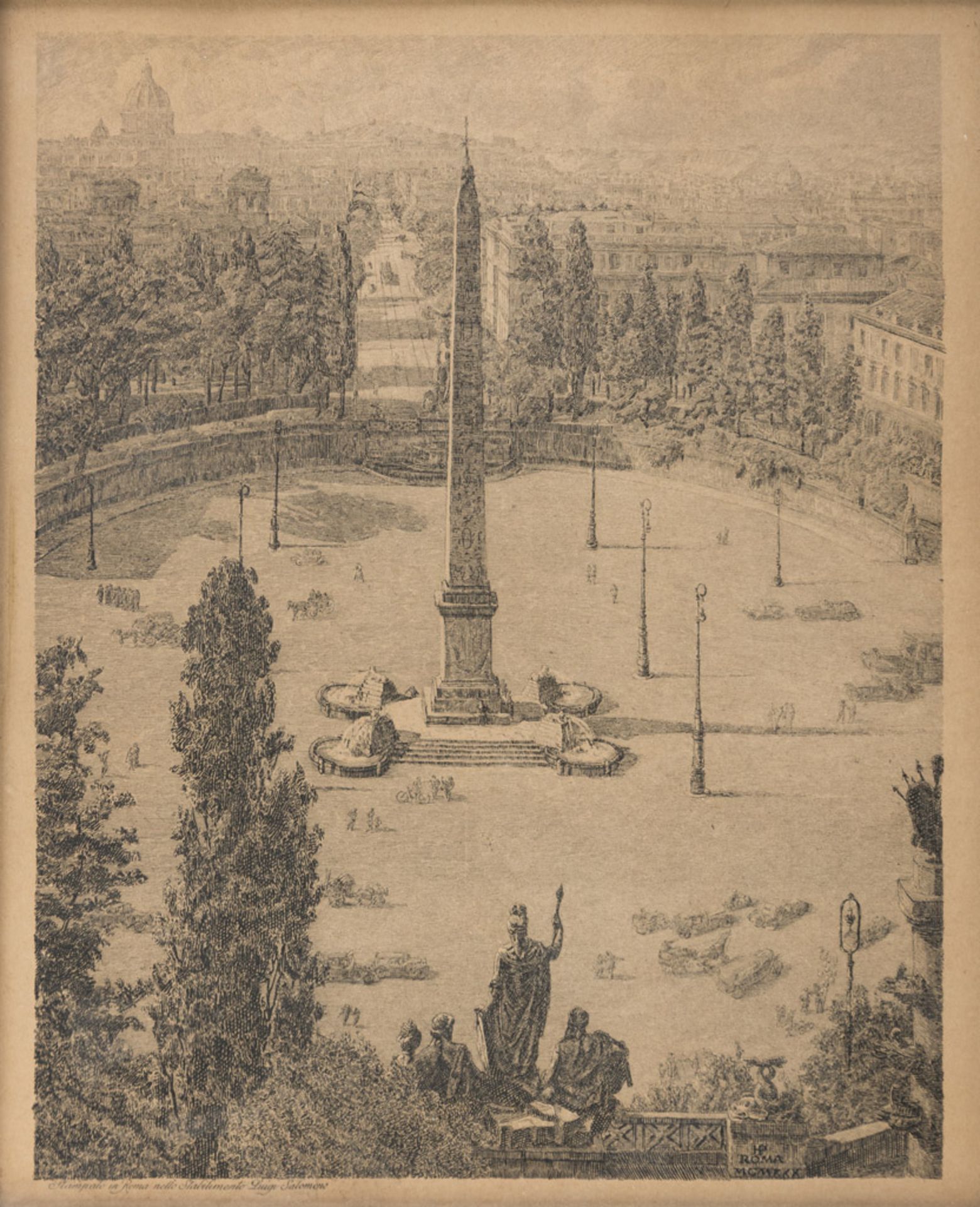 ROMAN ENGRAVER, EARLY 20TH CENTURY PIAZZA DEL POPOLO SEEN FROM THE PINCIO THE FOUNTAIN OF PIAZZA DEL