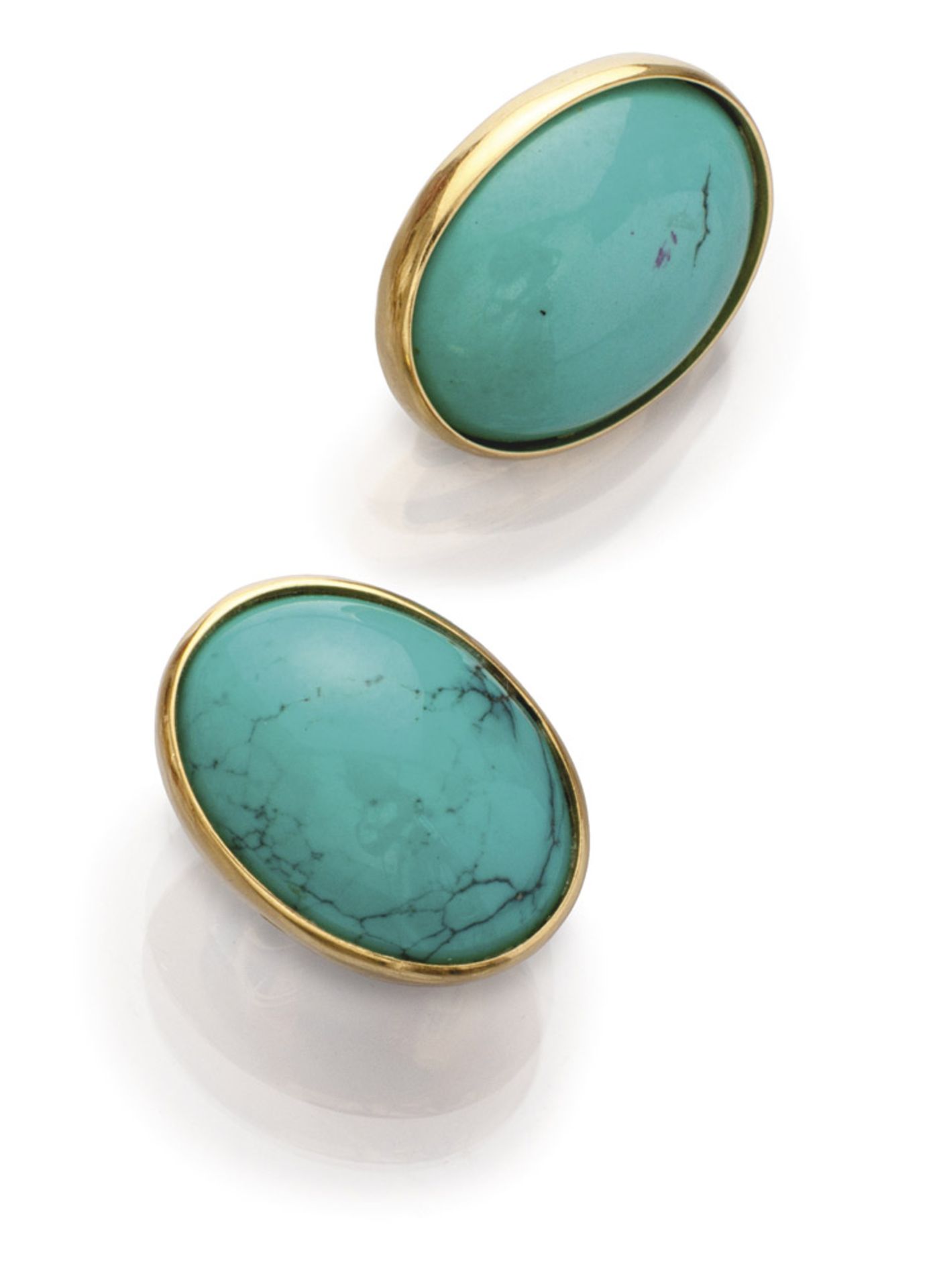 PAIR OF EARRINGS in yellow gold 18 kts., with oval turquoises. Total weight gr. 14,60. COPPIA DI