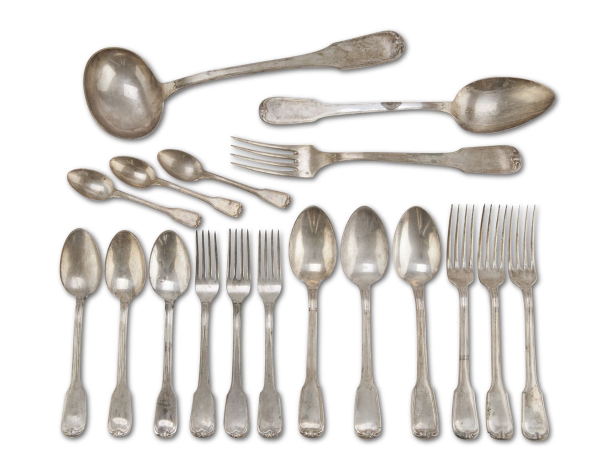 SILVERPLATED Cutlery set, Italy 20TH CENTURY consisting of twelve forks, twelve spoons, eleven