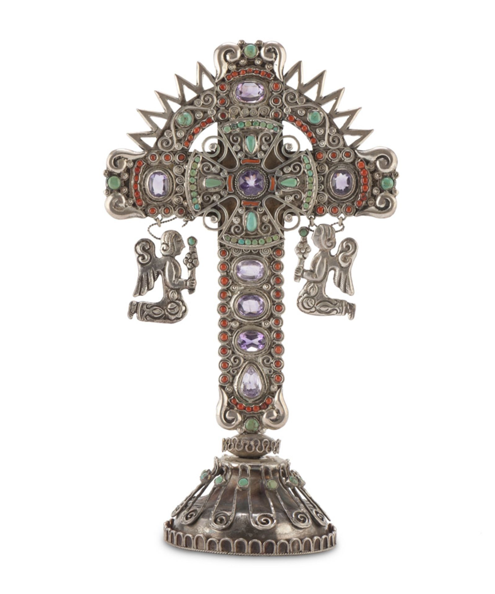 CROSS IN SILVER, MEXICO CITY POST 1980 after Maya model, with pendants of little angel and insets in