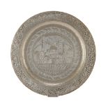 DISH IN BRASS, PROBABLY PERSIA 20TH CENTURY embossed with town view. Diameter cm. 52. PIATTO IN