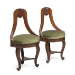 A PAIR OF WALNUT CHAIRS, ROMAN REPUBLIC 1800 CA. with drapery back centered by slight carving to