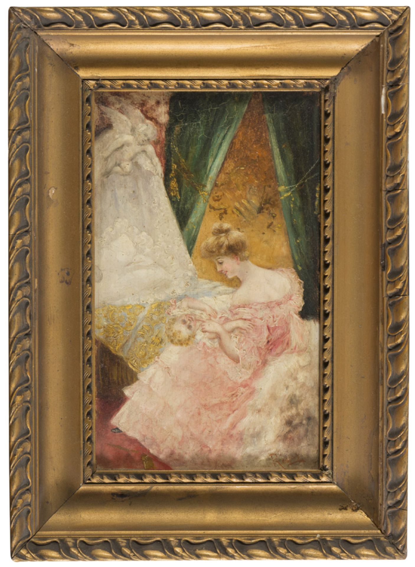 SICILIAN PAINTER, 19TH CENTURY WOMAN WITH CHILD IN TULE SUIT AND CHERUB Oil on canvas, cm. 24 x 14