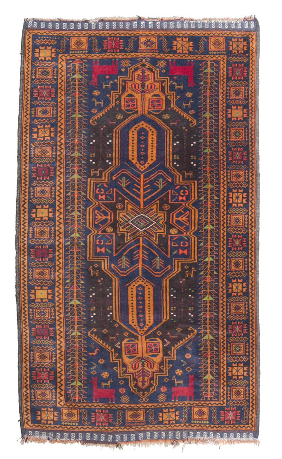 A RARE BELUCISTAN CARPET, MID-20TH CENTURY with design of stars, leaves, animals and indented