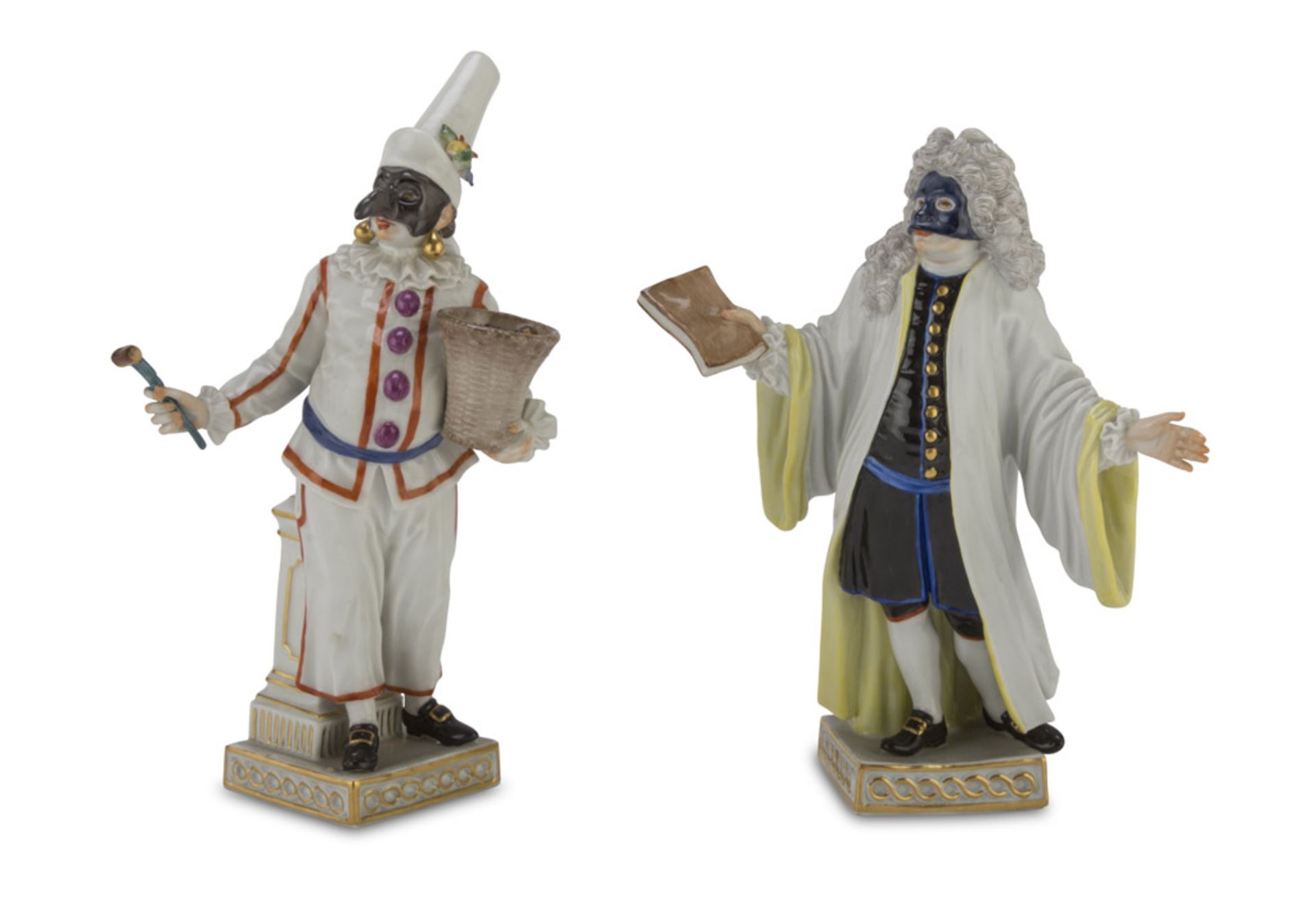 Two Porcelain sculptures, MESISSEN EARLY 20TH CENTURY in polychromy, representing Pulcinella and